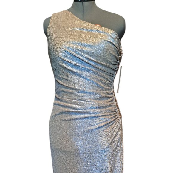 Calvin Klein One-Shoulder Gown with Side Ruching and Beaded Detail -Size 12-NWT - Picture 3 of 6
